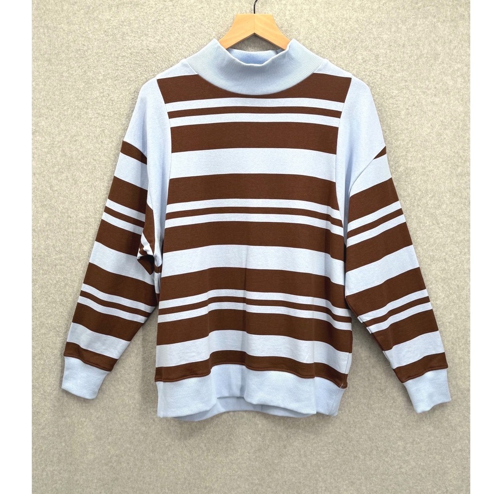Anthropologie Sweatshirt Women XS Blue Brown Striped Mock Neck Long Sleeve 3495